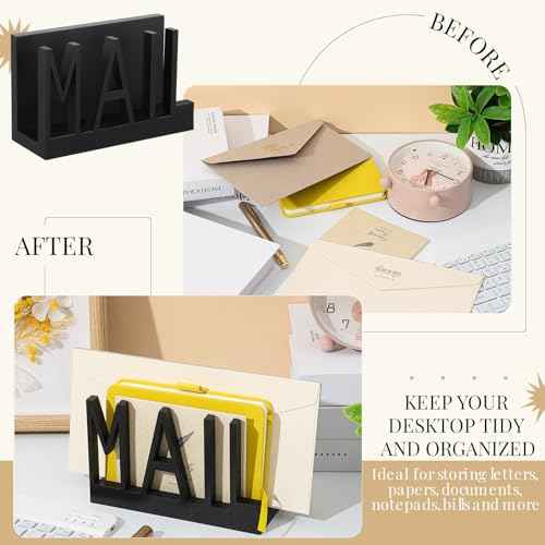 1 Slot Mail Holder Wooden Mail Organizer Black Countertop with Cutout Lettering Design for Office Desktop Envelope and Document Storage Rack(Mail)