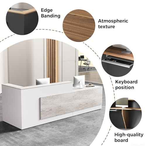 Modern L-Shaped Reception Desk with Hutch, Office Reception Counter Table with Lockable Drawer and Door Cabinet, Wooden Computer Front Desk (Oak+Warm White-Left Cabinet, 110.24"L*23.62"W*41.34"H)