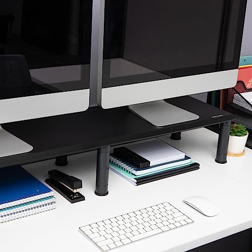 Mind Reader Dual Monitor Stand, Height Adjustable, Desktop Organizer, Laptop Riser, Office, 38.5" L x 11" W x 2.55-6.5" H, Black