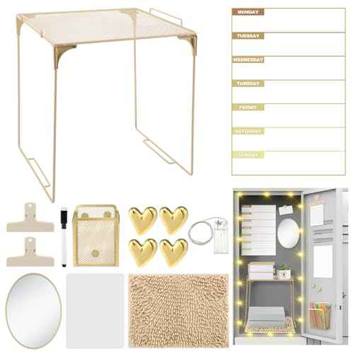 TecUnite Locker Accessories Kit - Magnetic Whiteboard, Shelf, Course Schedule, Mirror, Pen Holder, Dry Erase Pen, Rug, Clips, Light String - 14 Pcs Locker Decorations & Organizer(Gold,Heart Style)