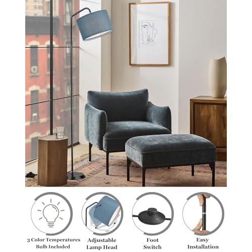 ELYONA LED Floor Lamp with 3 Color Temperatures, Modern Reading Standing lamp with Blue Linen Adjustable Hanging lampshade, Tall Pole Metal Lamp with 9W Bulb for Bedroom, Living Room, Office