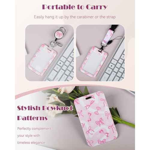 Uniclife Fashionable Sliding Badge Holder Bowknot Pattern Plastic Card Holder with Retractable Badge Reel Carabiner & Detachable Lanyard Vertical Card Protector for Office Worker Teacher Student