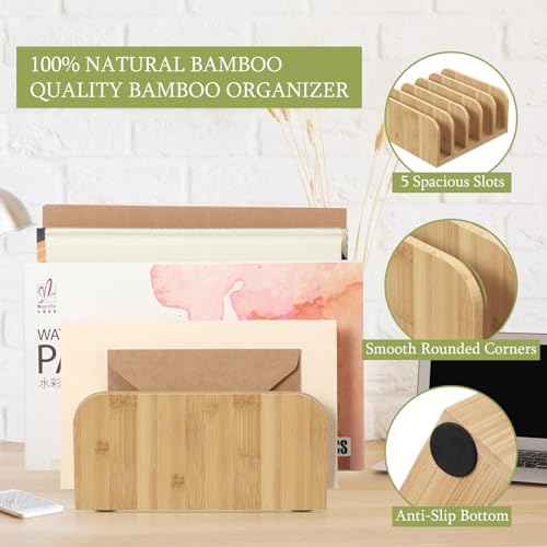 Desk Mail Organizer Bamboo File Holders Countertop Paper Organizer Letter Sorter 5 Compartments Envelope Holders with Anti Slip Mat for Home Office School Desktop Document Storage
