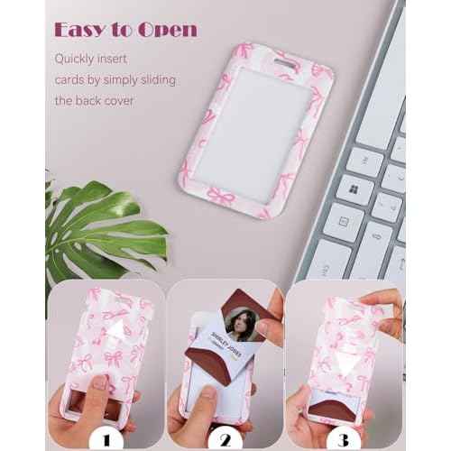 Uniclife Fashionable Sliding Badge Holder Bowknot Pattern Plastic Card Holder with Retractable Badge Reel Carabiner & Detachable Lanyard Vertical Card Protector for Office Worker Teacher Student