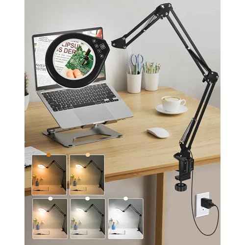 10X & 5X Magnifying Glass with Light, Ultra Long Swing Arm, 5 Colors & 10 Brightness, Real Glass Lens Large Magnifying Lamp for Craft Painting Workbench Jewelry Making Hobby Close Work (White)