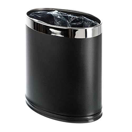 Invisi-Overlap' Metal Trash Can, Open Top Small Office Wastebasket, Oval Shape (Black)
