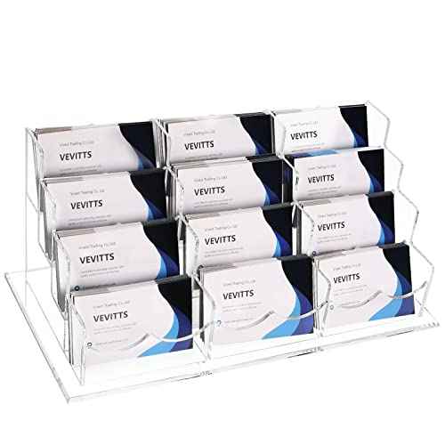 Business Acrylic Card Holder Display for Desk, 12 Slots 4 Tiers Multiple-Clear Acrylic Business Card Stand Set, Holds Approximately 600 Cards