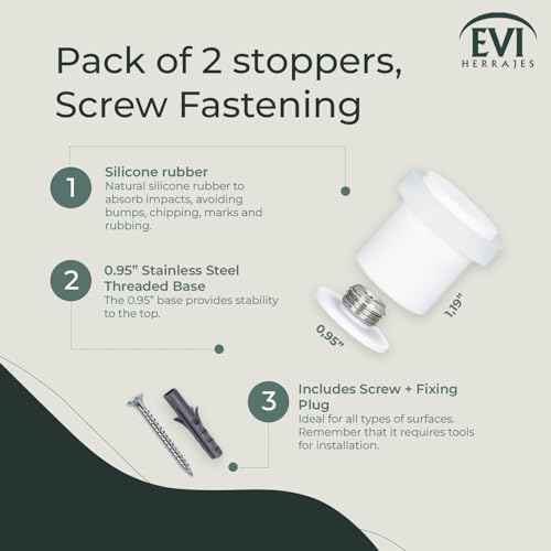 Pack of 2 EVI Door Stoppers |White Stainless Steel Door Stopper - Screw Fastening - White Rubber Protector - 0.95 x 1.19 Inch Door Stop