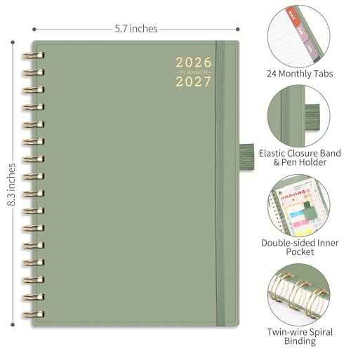 RETTACY 2026-2027 Monthly Planner, Jan 2026 - Dec 2027, Medium Size (5.7" x 8.3"), 2026-2027 Calendar, 24-Month Tabs, Flexible Plastic Cover, Spiral-bound, 100 GSM Thick Paper (Light Green)