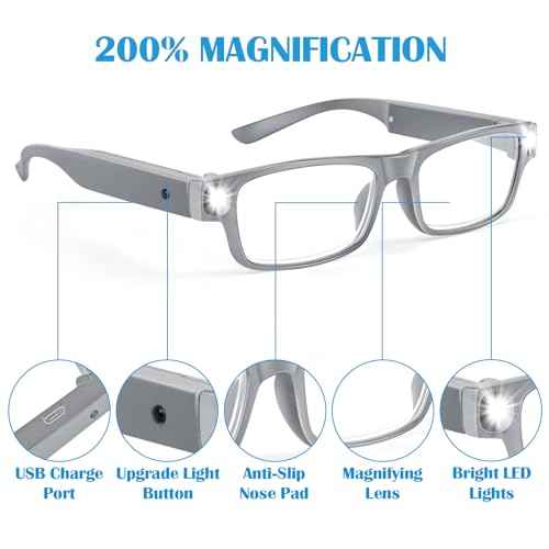 200% Magnifying Glasses with Light,USB Rechargeable LED Lighted Magnifying Eyewear,Hands Free Head Magnifier Eyeglasses for Close Work,Hobbies,Reading,Craft,Jewellery,Sewing