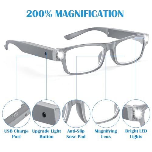 HQGZQL Black 200% Magnifying Glasses with Light - USB Rechargeable LED Reading Glasses