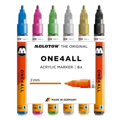 Molotow One4All 127HS Acrylic Marker Metallic Set (2.0 mm Line Width, High Coverage and Permanent, Quick Drying, Refillable, for Almost All Surfaces) Pack of 6 Assorted
