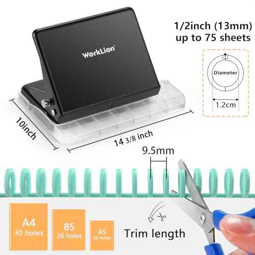 Binding Machine for Planner£º WORKLION Metal 10 Hole Punch&Multi Color 30 Hole Loose Leaf Binder Rings(10 pcs) for Making 26 Holes on B5 Paper, 30 Holes on A4, 20 Holes on A5 Book, Black
