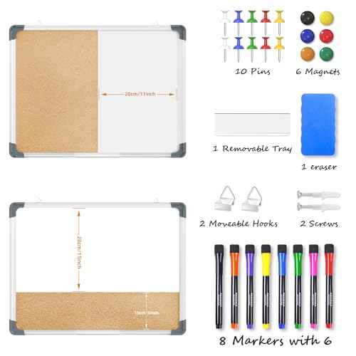 White Board Cork Board Combo, 24¡¿18 inch for Office, Home, School, Vision Board, Pin Bulletin, Markers, Eraser, Magnets, Pins (Horizontal)