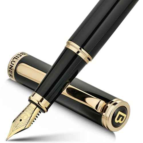 BEILUNER Black Fountain Pen,Stunning Luxury Pens with 24K Gold Accents, Gorgeous 24K Gilded Nib(Fine), Trustworthy Pen Gift for Men&Women -Ink Converter-Elegant, Reliable,Fancy Pen for Writing