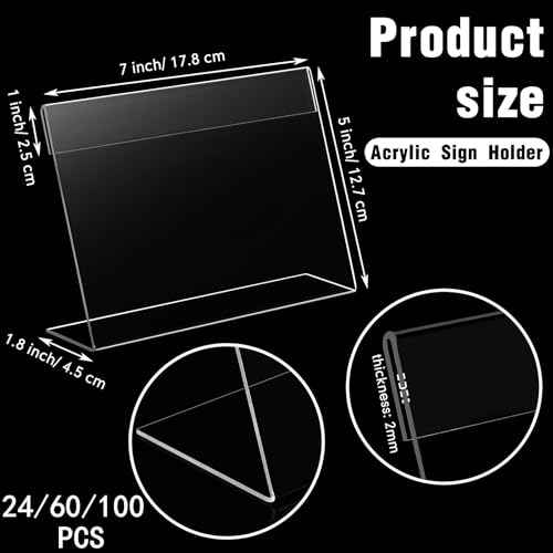 Vicenpal 60 Pcs 7x5 Inch Clear Acrylic Sign Holder Plastic L-shape Vertical Menu Stand, Picture Photo Frames, Table Paper Holder, Flyer Sign Display Stand for Restaurants, Store, Office, Wedding