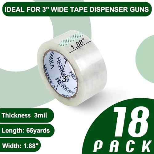 HERKKA Clear Packing Tape, 18 Rolls Heavy Duty Packaging Tape for Shipping Packaging Moving Sealing, 3 Mil Thick Clear Packing Tape, 1.88 inches Wide, 65 Yards Per Roll, 1170 Total Yards