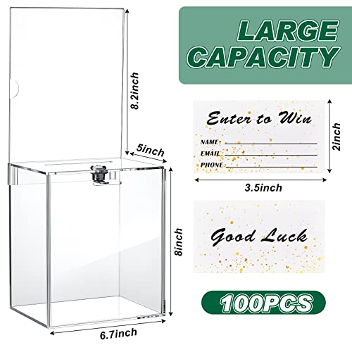 Teling Clear Acrylic Donation Box 7x5x8 Inches with Lock & Sign Plate - Tall Raffle Box with Cards