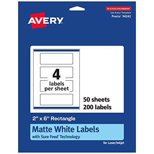 Avery Matte White Rectangle Labels, Sure Feed Technology, 2" x 6", 200 Matte White Printable Labels