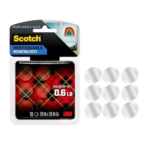 Scotch Restickable Mounting Dots, Clear, 7/8-Inch Circles, 216 Pack (12 Packs of 18)? Reusable Double-Sided Adhesive for Photos, Posters, and Lightweight Items