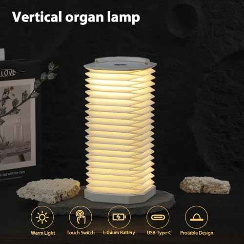 Portable Paper Lamp,White Accordion Desk Lamp,Japanese Lanterns lamp for Home Decoration and Gift,Dimmable Bedside Lamp,1200mAh USB Powered Night Light for Bedroom,Office,Reading