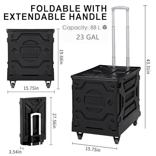 VECELO Foldable Shopping Cart with Wheels, Collapsible Rolling Crate for Groceries, Folding Storage Box with Handle, Three Modes of Use, Ideal for Teacher, Trip, Outdoors, Etc., 23GAL,Black