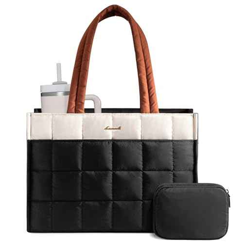 LOVEVOOK Tote Bag for Women, Puffer Work Handbag 15.6 Inch Laptop Purse for Nurse Teacher, Large Quilted Travel Tote Shoulder Bag with Zipper for College Office Clinical Gym, Cream-Black-Brown