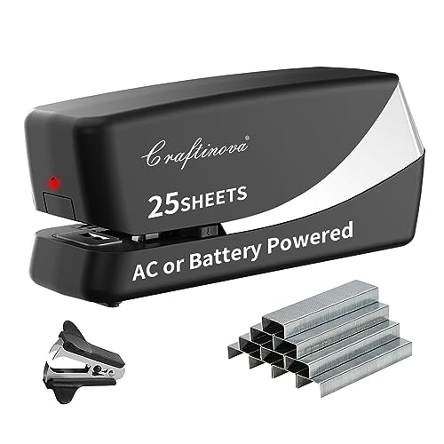 Craftinova Electric Stapler, Automatic, Silver – 210 Staples, 25-Sheet Capacity, AC or Battery Powered