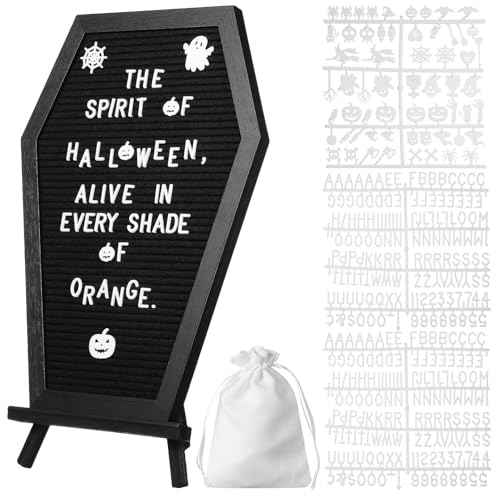 Operitacx Coffin Letter Board with 354 Spooky Halloween Characters & Numbers, Wooden Stand and Canvas Bag, 16x11 Inches Coffin Shaped Gothic Decor Sign Halloween Decorations
