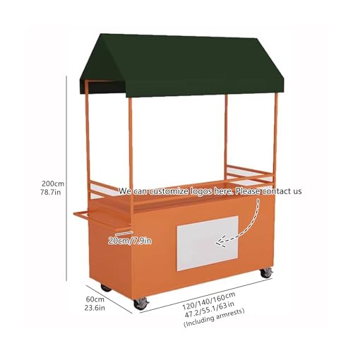 120cm Orange Food Vending Cart with Waterproof Canopy & Lockable Swivel Wheels