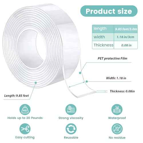 Double Sided Nano Tape Heavy Duty, Strong Sticky Extra Large (1.18in x 9.85Ft ) Removable Mounting Tape, Clear Multipurpose Wall Decor Adhesive Tape for Poster, Picture Hanging, Carpet, Photos Frames