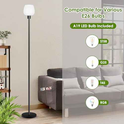 Floor Lamp for Living Room with 3 Color Temperatures, Standing Lamp with White Opal Glass Lampshade, Modern Tall Lamp with Foot Switch, Pole Lamp for Office Bedroom Dining Room, 9W LED Bulb Included