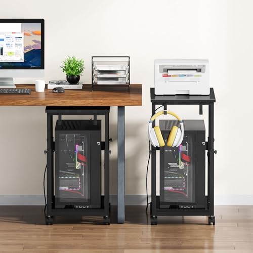 Snughome Extra-Large Adjustable Computer Tower Stand with Charging Station, 25.2–36.22 in, Mobile CPU Cart with Locking Wheels