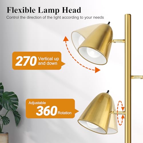 QiMH Tree Floor Lamp with 3 Light Bulbs, Standing Tall Pole Lamps for Living Room Bedroom Office, Reading Stand up Lamps with 3 Adjustable Arms, Brushed Gold