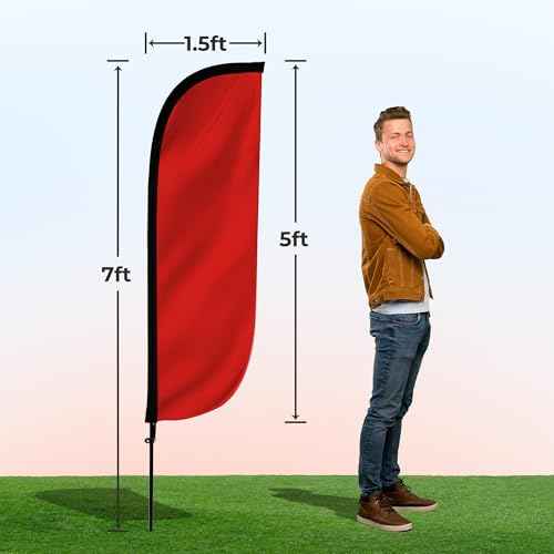 LookOurWay Feather Flag Pole Kit - 7 Feet Tall Advertising Flag Banner with Fiberglass Pole Set and Ground Spike for Business Promotion - Solid Colors - Red