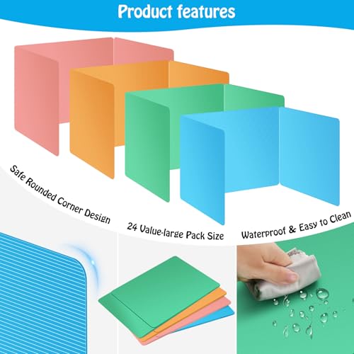 Colorful 24-Pack Desk Dividers for Students, Durable Plastic Study Carrel Divider, Easy to Clean Privacy Classroom Shield Folder Boards for Student Desk Pink Orange Blue Green