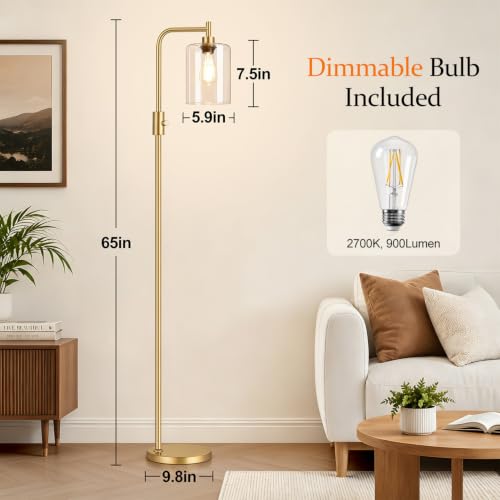 Yemela Clear Glass-Gold Dimmable Floor Lamp with 900LM LED Bulb, Modern Arc Standing Light