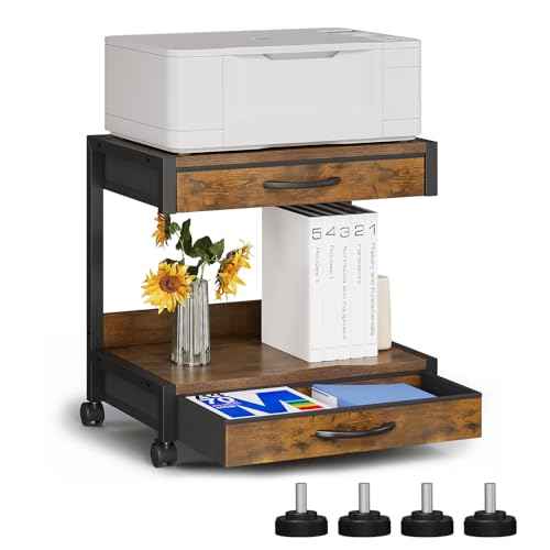 2-Tier Desktop Printer Stand with 2 Fabric Drawers, Prtiner Table with Storage Shelf, Desk Organizer for Home Office,3D Printer,Fax Machine,Scanner (Brown, 2 Tier)