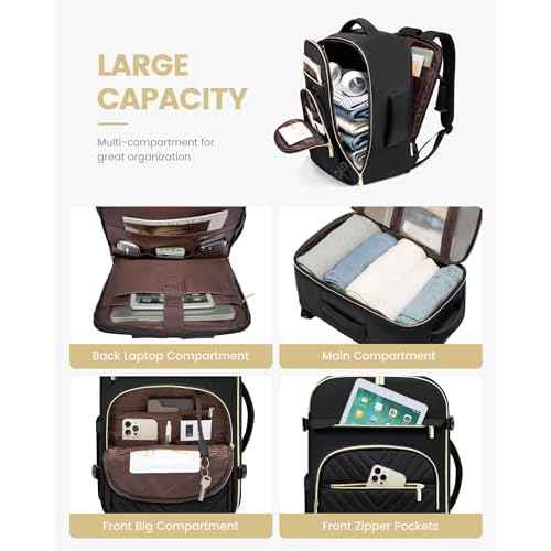 LOVEVOOK Carry On Travel Backpack for Women, TSA Personal Item Travel Bag for Airplanes, Waterproof Carry on Bag Flight Approved 35L Daypack with 2 Packing Cubes, Fits 15.6" Laptop, Black
