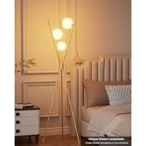 Lightdot Globe Dimmable Floor Lamp Gold Tripod Standing Lamps with 3PCS 3000K G9 Bulbs Stable Based Mid Century Modern Floor Lamp for Living Room/Bedroom