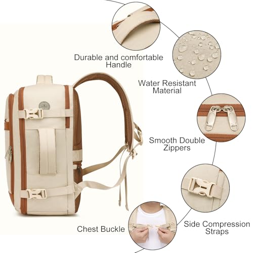 EZUOLA Travel Backpack for Women Large 25L Beige Carry-On Airline Approved