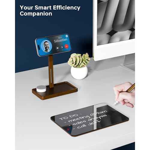 YEOUX Premium Desktop Glass Whiteboard & Magnetic Phone Stand 2-in-1 | 360¡Æ Adjustable | Solid Wood | MagSafe Compatible, Small Dry Erase Board for Office Home Desk