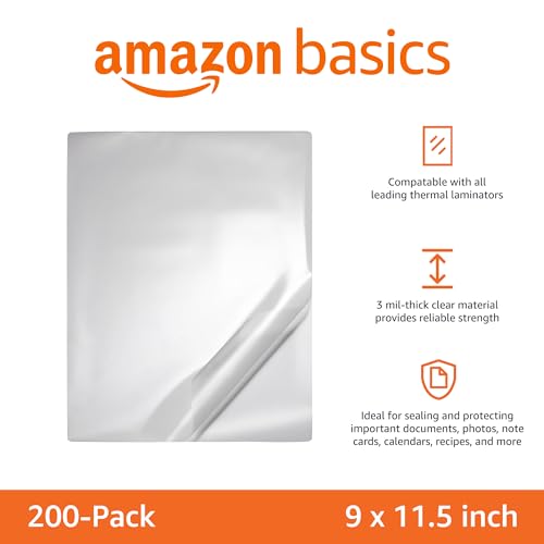 Amazon Basics 200-Pack 9 x 11.5-Inch Clear Thermal Laminating Sheets, 2.8 Mil