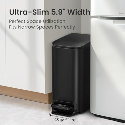Cesun Matte Black Small Bathroom Trash Can with Lid, 1.6 Gal, Soft Close