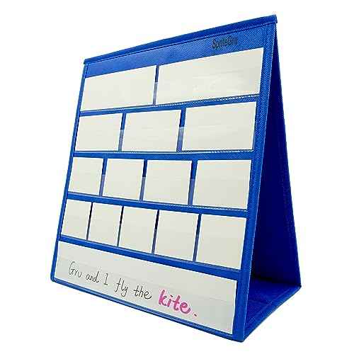 Blue Tabletop Desktop Pocket Chart with Bonus 20X Dry Erase Cards. Double Sided and Self-Standing (13¡± X 12¡±)