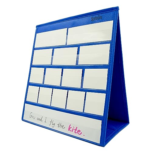 Blue Desktop Pocket Chart with Bonus 20 Dry Erase Cards - Self-Standing, Double Sided, 13x12 inches - Blank Cards Variation
