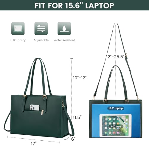 LOVEVOOK 17.3-inch Laptop Bag for Women, Large Capacity Travel Tote Bag with Clutch Purse 2PCs Set, Professional Business Computer Work Bag, Leather Shoulder Briefcase for Office Lady, Deepgreen