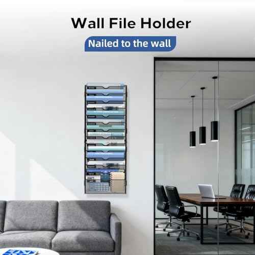 14 Tier Wall Hanging File Organizer, Paper Folder Holder Wall Mounted, Metal Mail Sorter for Office Home School, Black