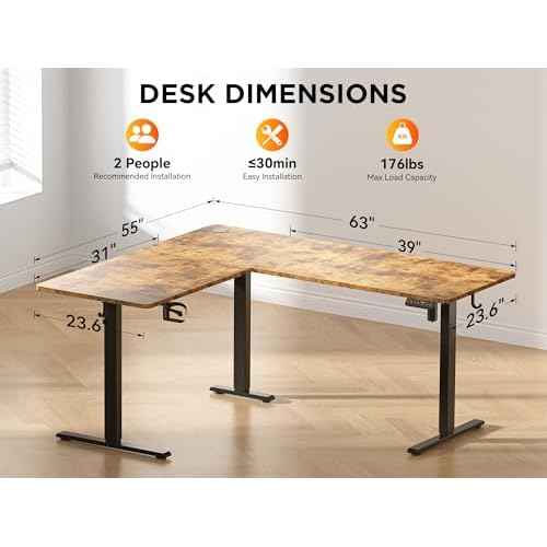 63X55 Inches Reversible L Shaped Standing Desk Height Adjustable with Cup Holder, Electric Corner Computer Desk, Sit Stand up Home Office Desk, Ergonomic Gaming Desk, Rustic Brown