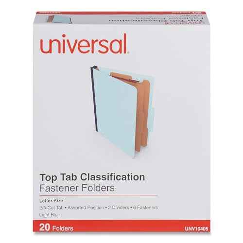 Universal Six-Section Pressboard Classification Folders, 2.5" Expansion, 2 Dividers, 6 Fasteners, Letter Size, Light Blue, 20/Box